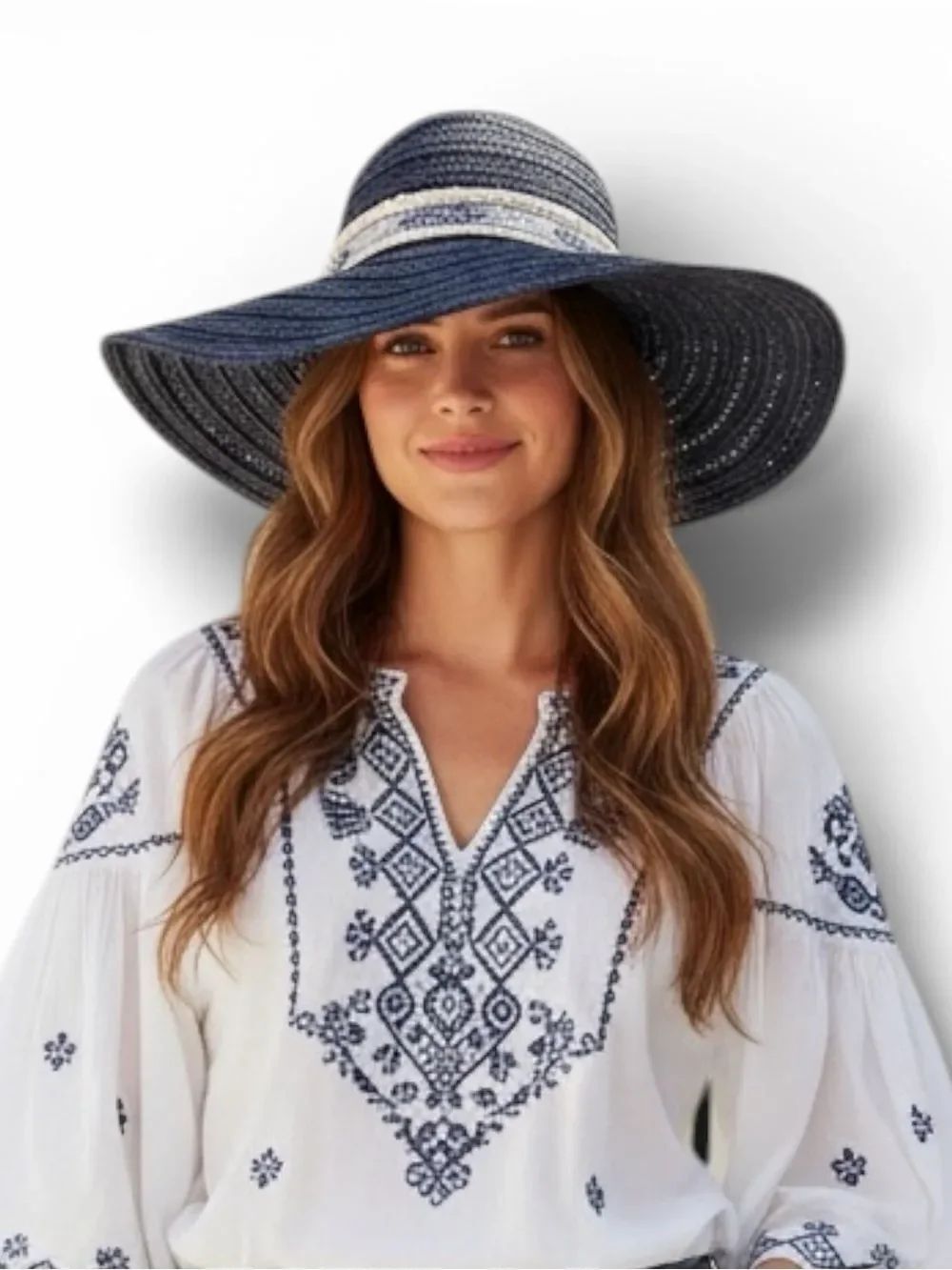 Blue Wide Brim Straw Sun Hat San Diego Co Tribal Band M NWT